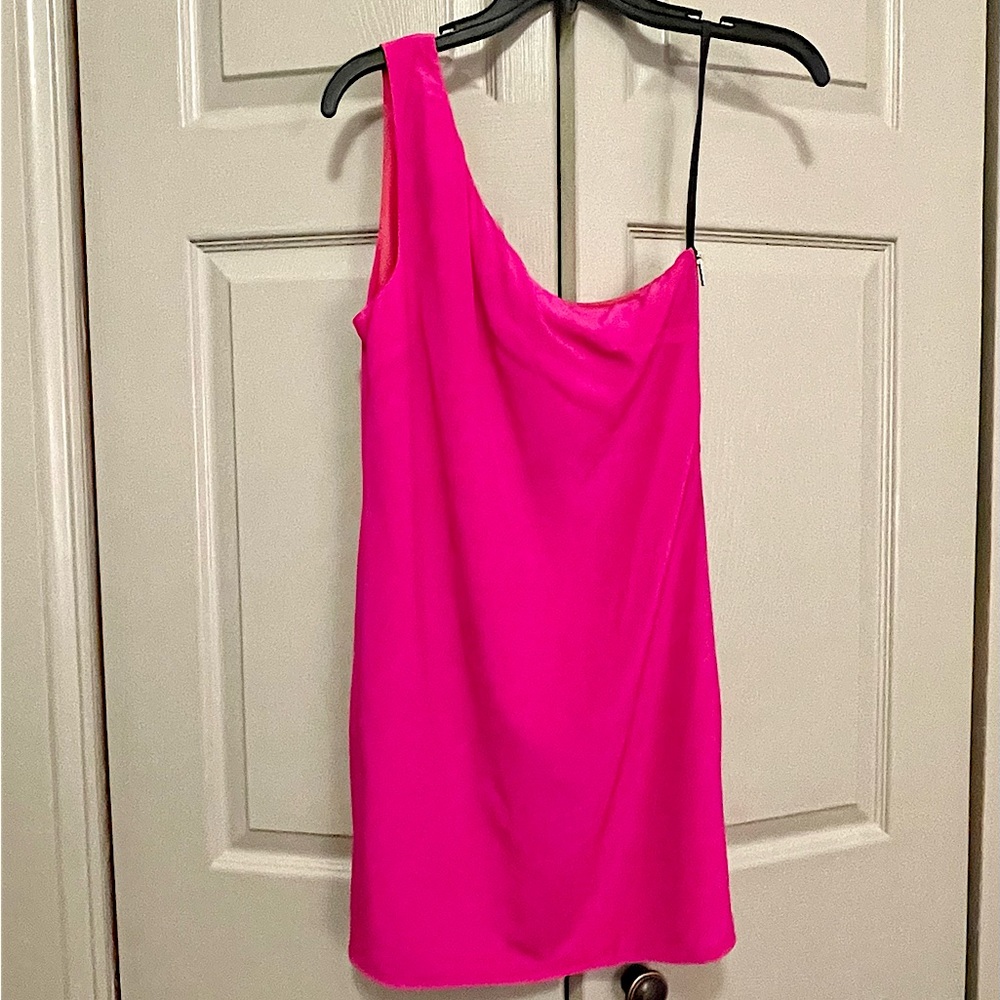 NBD X Naven Silk Hot Pink One Shoulder Side Zip Mini Sheath Dress